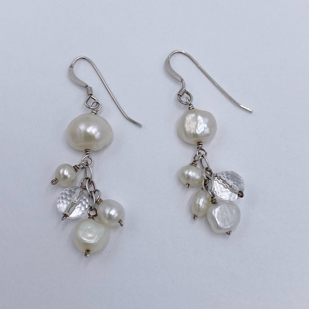 Sterling Silver Freshwater Pearl & Crystal Quartz Dangle Earrings